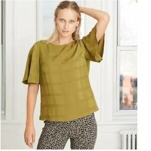 A new day green satin jacquard short sleeve blouse corporatechic office siren
